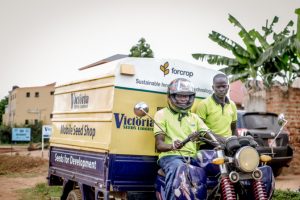 The Victoria Seeds mobile seed shop at the Dokolo market, Northern Uganda. The company uses the motorbike shop to reach farmers in remote villages where there are no agro-dealers (Photo: Kipenz Film/CIMMYT)