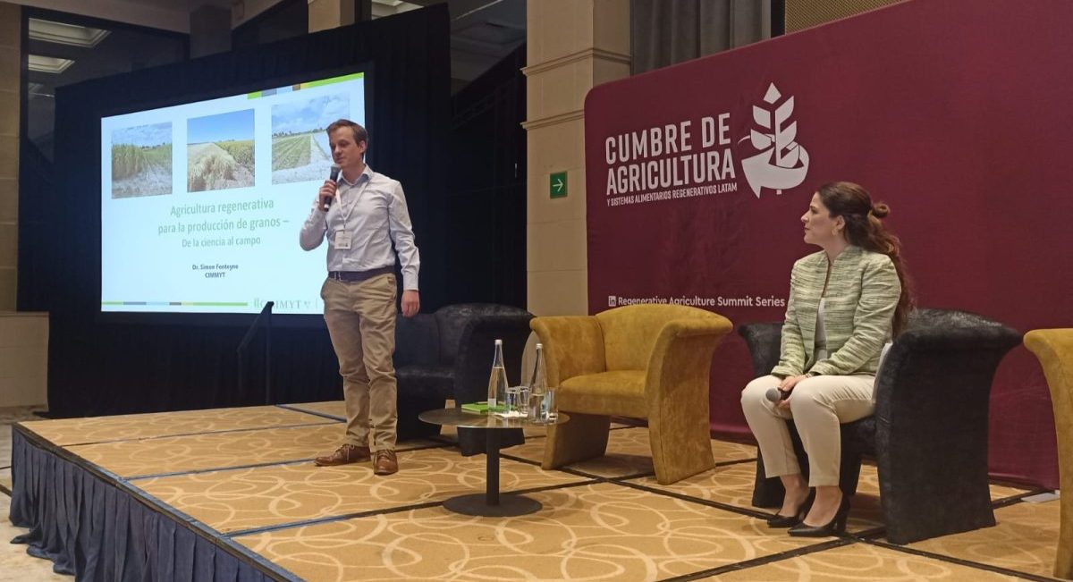 El doctor Simon Fonteyne, científico de CIMMYT, durante su ponencia en la Cumbre de Agricultura y Sistemas Alimentarios Regenerativos LATAM 2024. (Foto: Francisco Alarcón / CIMMYT)