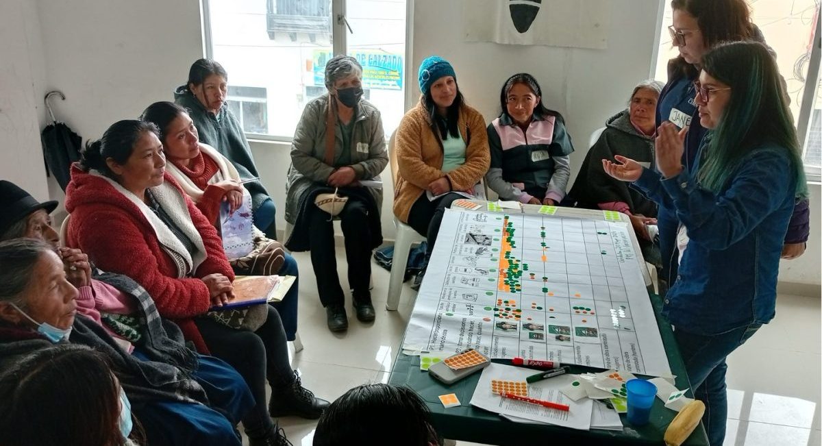Grupo de agricultoras discutiendo el rol de mujeres y hombres en la conservación de maíces nativos, en Córdoba, Nariño, Colombia. (Foto: González, Alpala, Pinzón, Rodríguez, Bolaños, Romero, González)