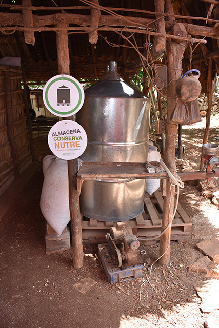 Silo metálico hermético instalado sobre una tarima en un espacio protegido, demostrando las mejores prácticas para conservar granos y evitar pérdidas. (Foto: CIMMYT)