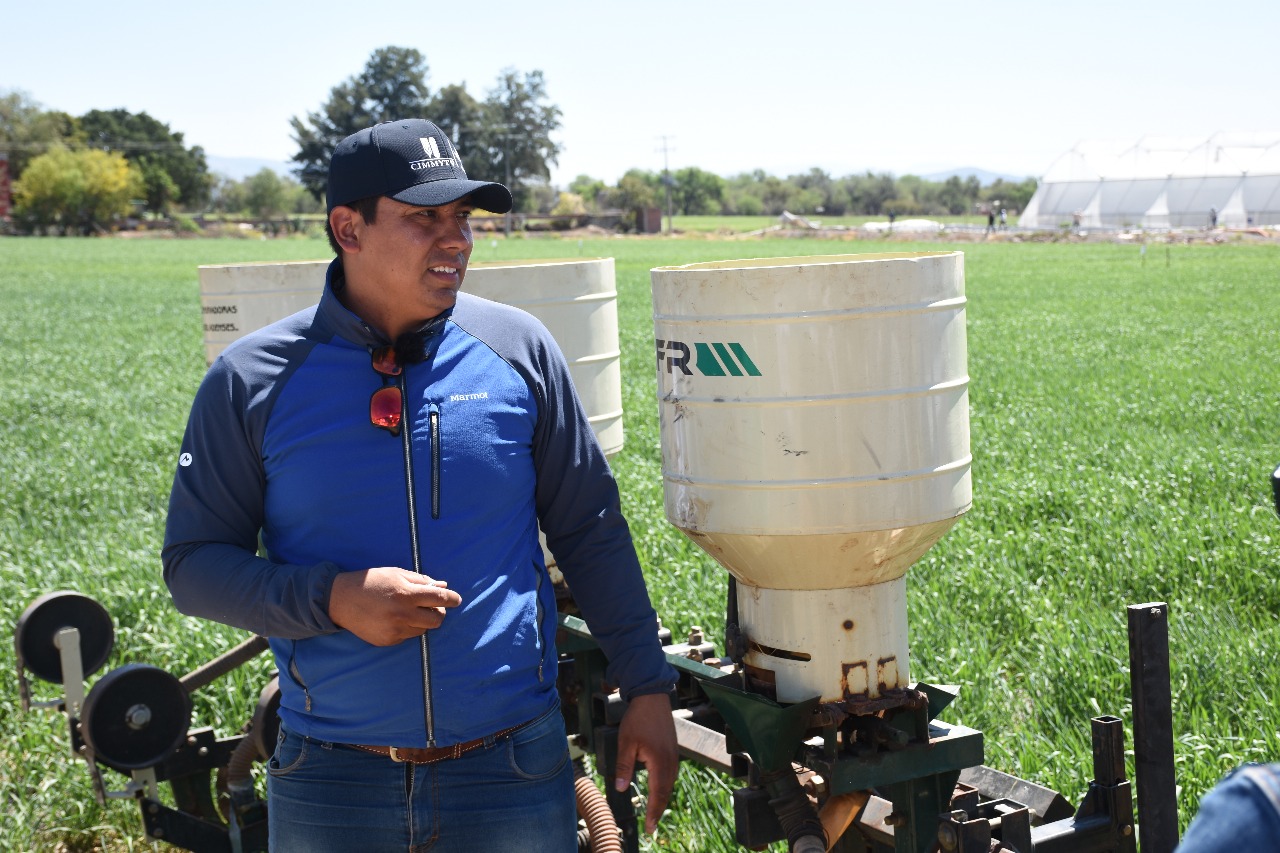 Arturo Ortiz, coordinador técnico del Hub Bajío del CIMMYT, explica prácticas de agricultura sustentable en campo, y destaca el uso de innovaciones para mejorar la productividad y la conservación del suelo. (Foto: Francisco Alarcón / CIMMYT)