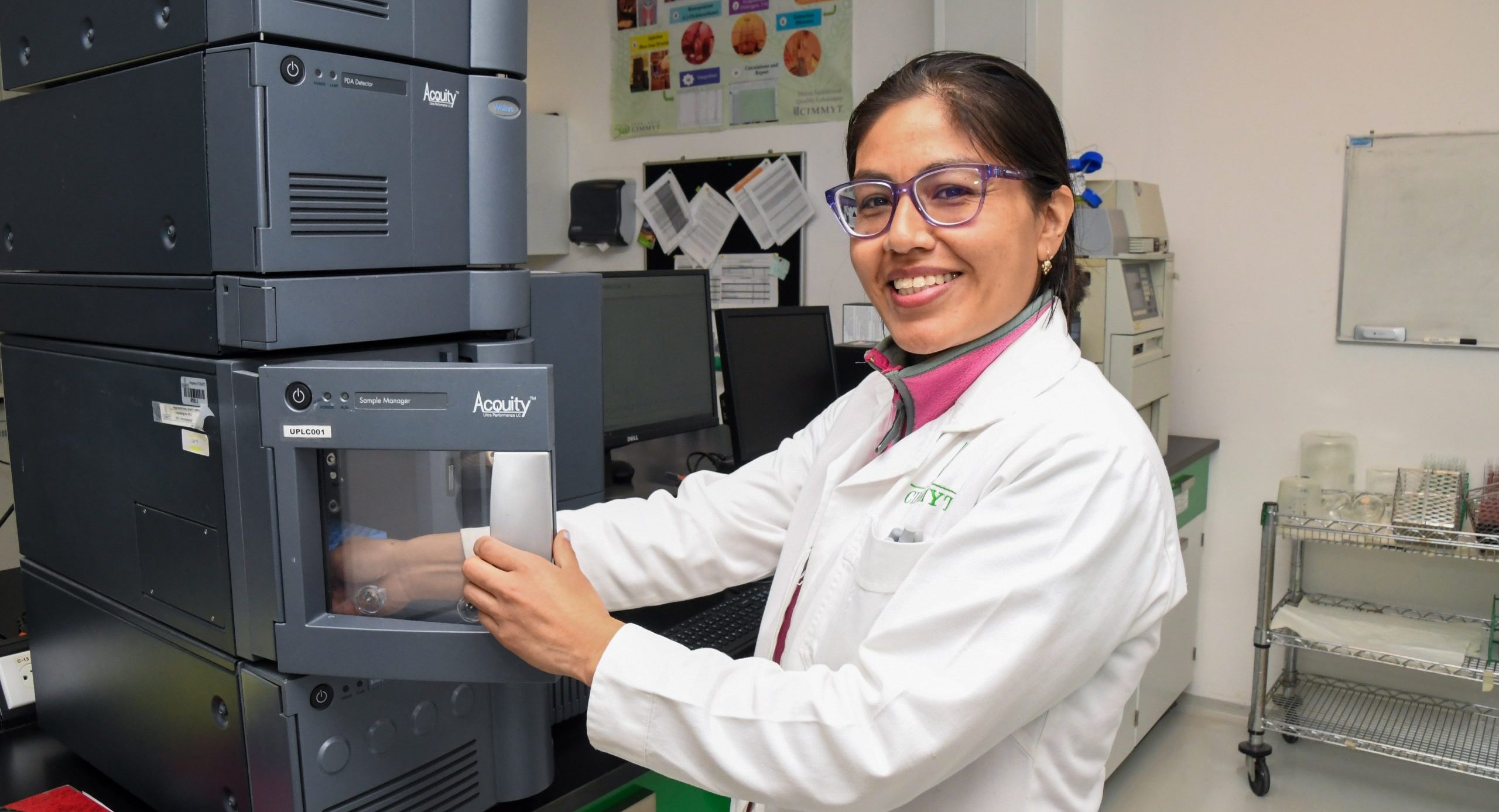 María Luisa Cabrera en el laboratorio donde desarrolla su quehacer científico dentro del CIMMYT. (Foto: Francisco Alarcón / CIMMYT).